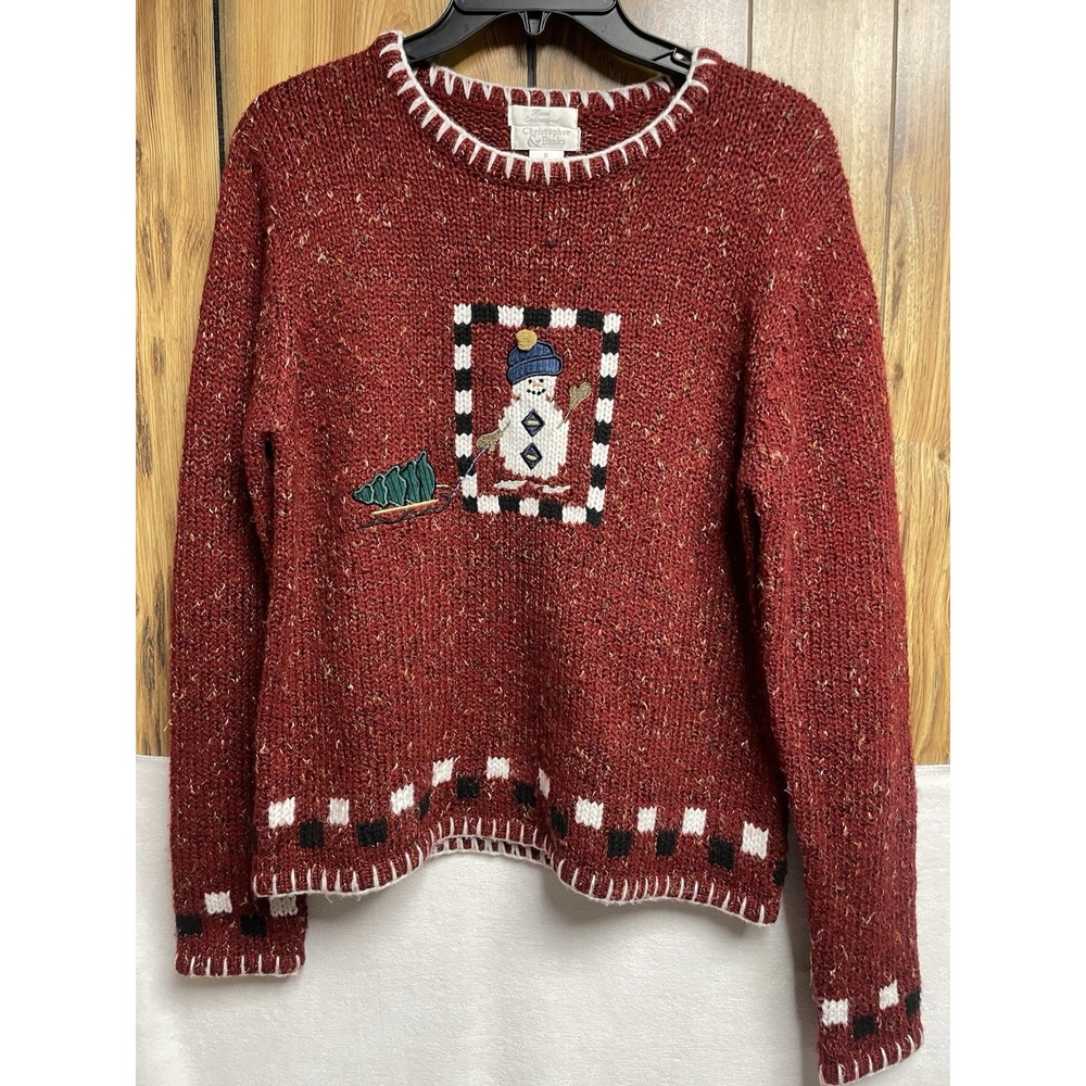 Vintage Christopher &‎ Banks Hand Embroidered Wool Blend Snowman Sweater Small